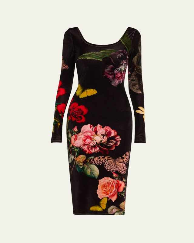 In The Wind Floral Delora Scoop-Neck Velvet Midi Dress
